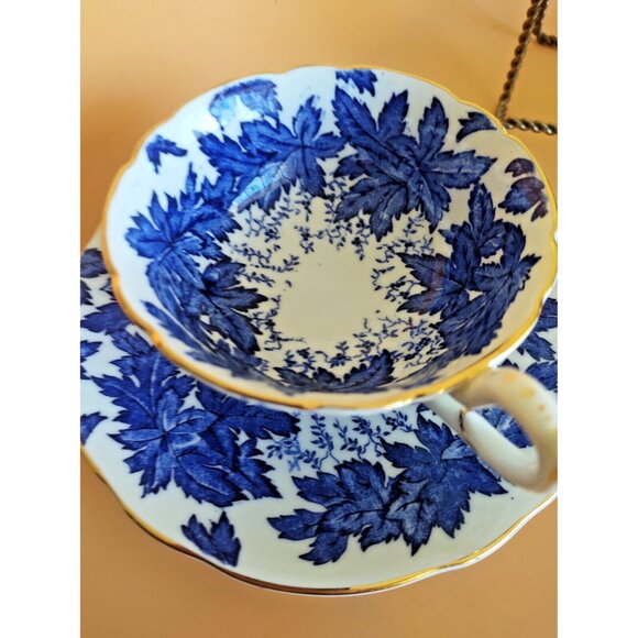 Coalport Hand Painted Tea Cup & Saucer Set Cobalt Blue Maple Leaf 1930's - Picture 2 of 15